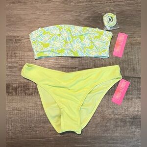 Women’s Floral Bandeau Bikini Set Reversible Top, Top Size S & Bottom Size M